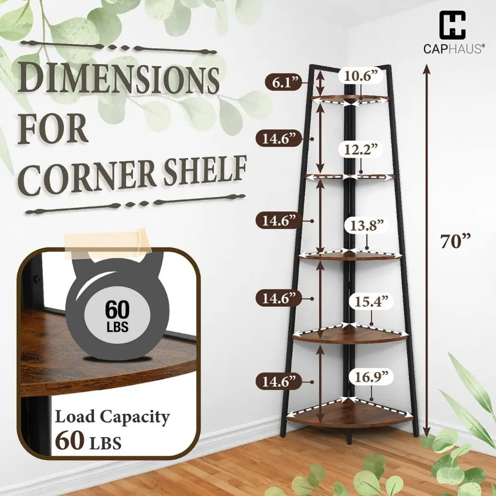 Corner Ladder Stand, 5-Tier Wood Shelving