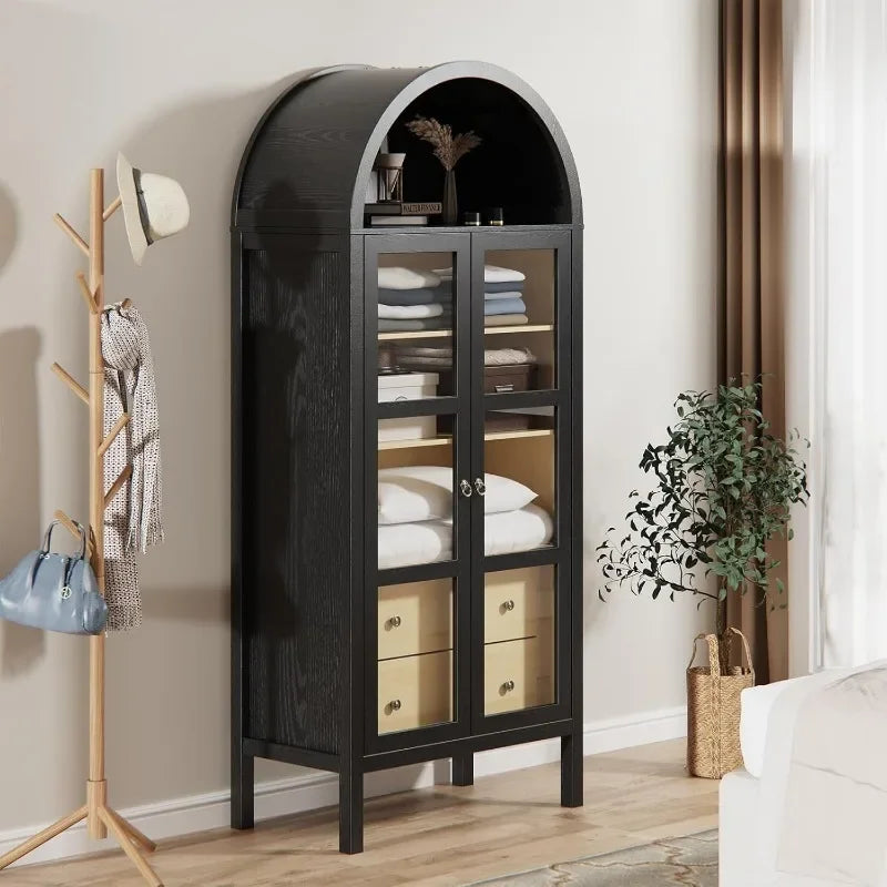 Modern, Farmhouse Arched Cabinet w/ Glass Doors, Auto Sensor Light ,Adjustable Shelf