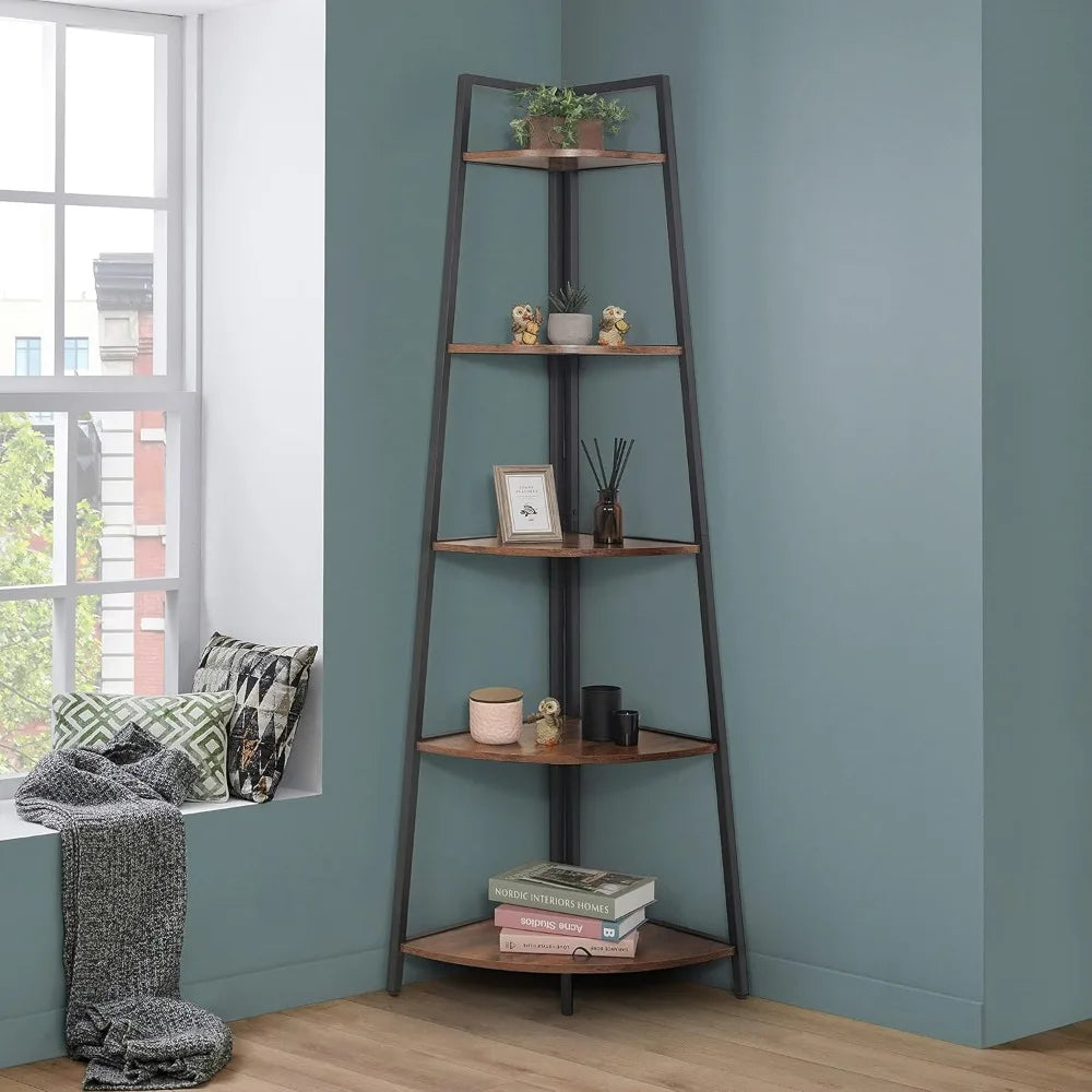 Corner Ladder Stand, 5-Tier Wood Shelving