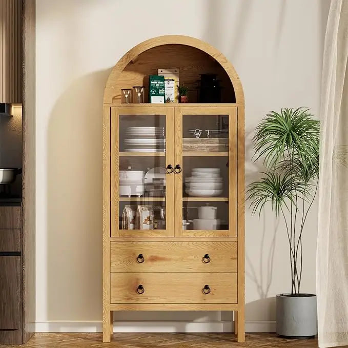 Modern, Farmhouse Arched Cabinet w/ Glass Doors, Auto Sensor Light ,Adjustable Shelf