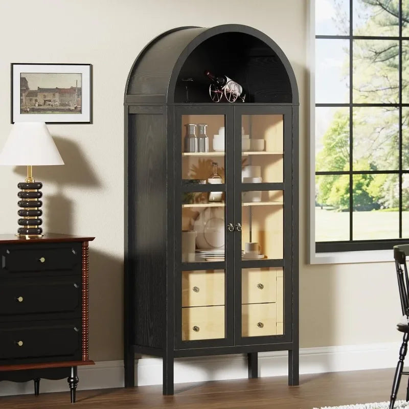 Modern, Farmhouse Arched Cabinet w/ Glass Doors, Auto Sensor Light ,Adjustable Shelf