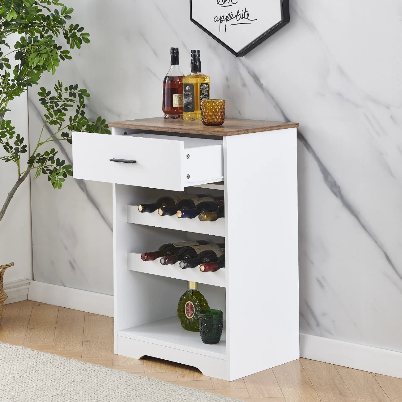 White Wooden Wine Rack With Drawer